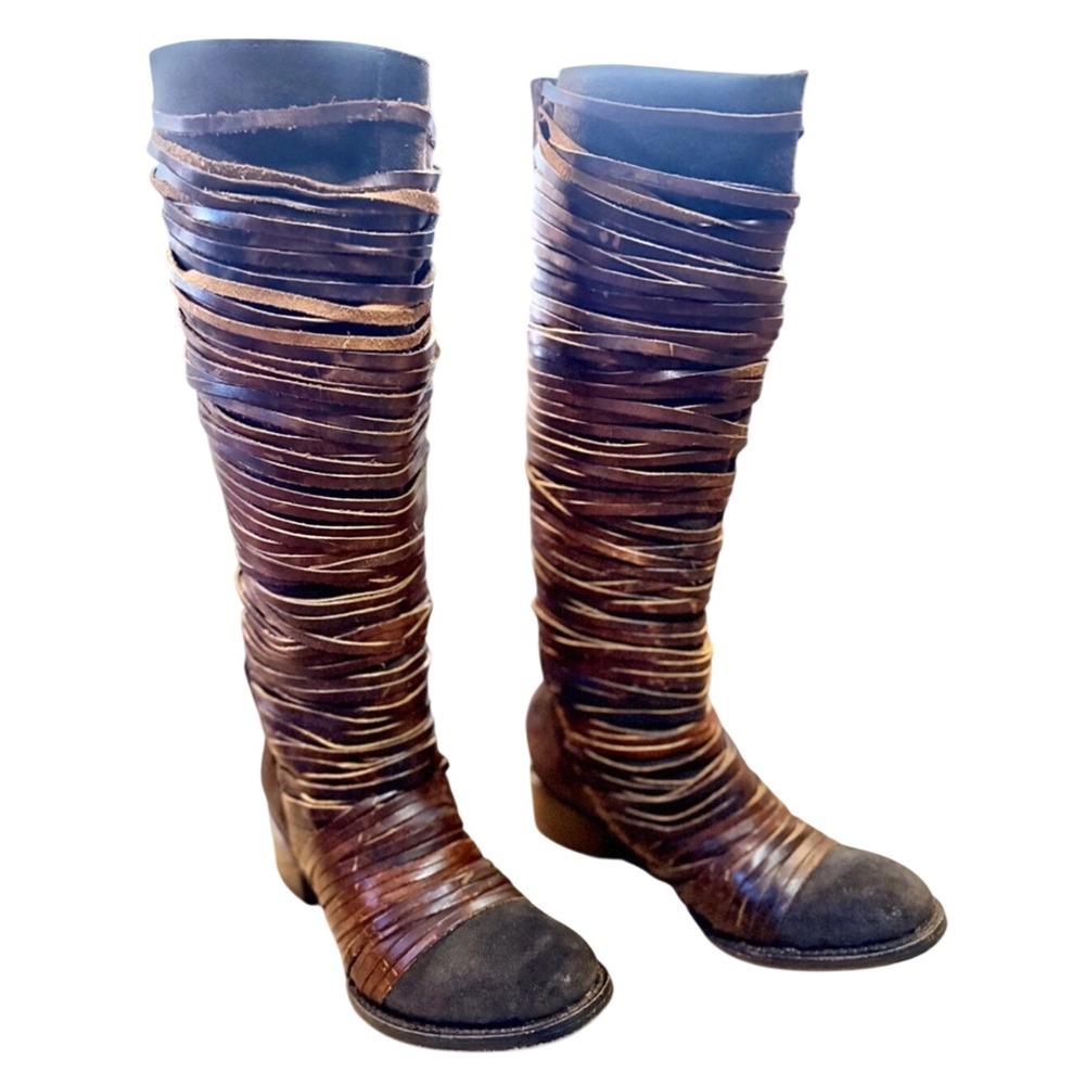 Artisanal Brown Leather Wrap Suede Tall Boots Knee High Strappy Boho 15" Shaft